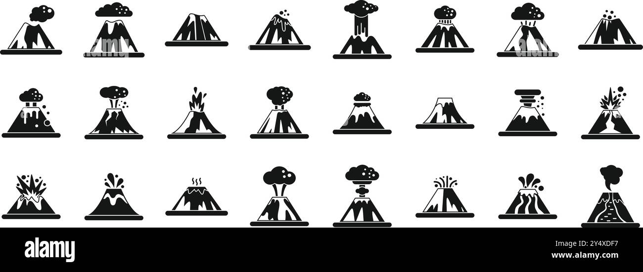 Symbole zur Vulkanexplosion gesetzt. Eine Reihe von Vulkanen, die mit Rauch und Lava an ihren Seiten ausbrechen Stock Vektor