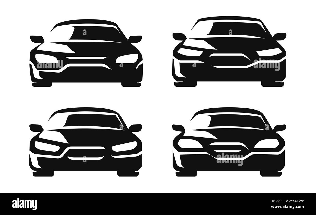 Symbolsatz für die Vorderansicht des Fahrzeugs. Symbol für elektrischen Transport. Vektorgrafik des Fahrzeugs in Schwarz-weiß-Optik Stock Vektor