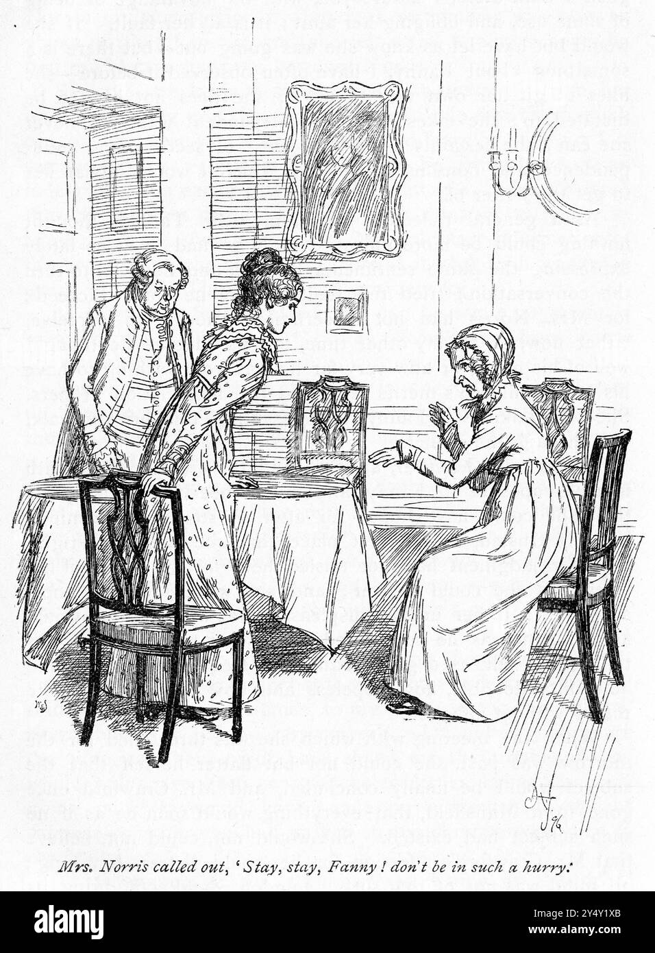 Gravur einer Szene aus dem Buch Mansfield Park von Jane Austen, Ausgabe 1926, illustriert von Hugh Thomson, als Mrs. Norris rief: „Stay, Stay, Fanny! Sei nicht so eilig." Stockfoto