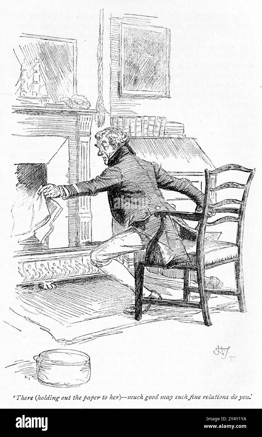 Gravur einer Szene aus dem Buch Mansfield Park von Jane Austen, Ausgabe 1926, illustriert von Hugh Thomson, in der die Figur ein Papier hält und sagt: „Viel Gutes möge solch feine Beziehungen tun Sie“. Stockfoto
