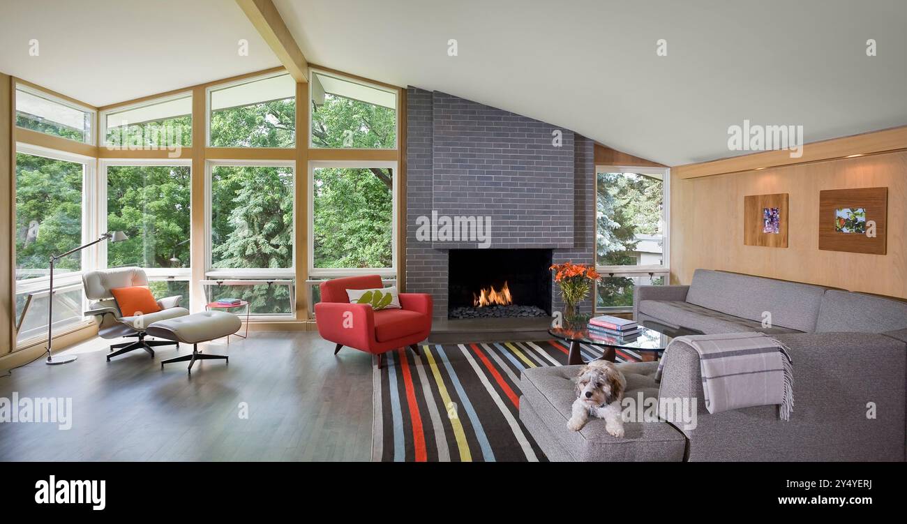 Wohnzimmer mit renoviertem, zweigeschossigem rambler mit Hund auf Couch Stockfoto