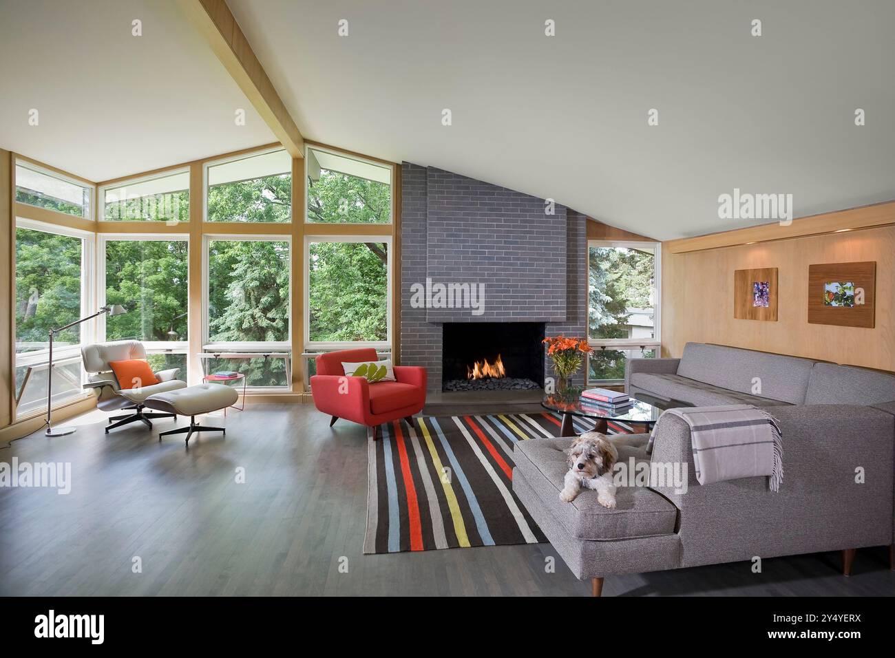 Wohnzimmer mit renoviertem, zweigeschossigem rambler mit Hund auf Couch Stockfoto