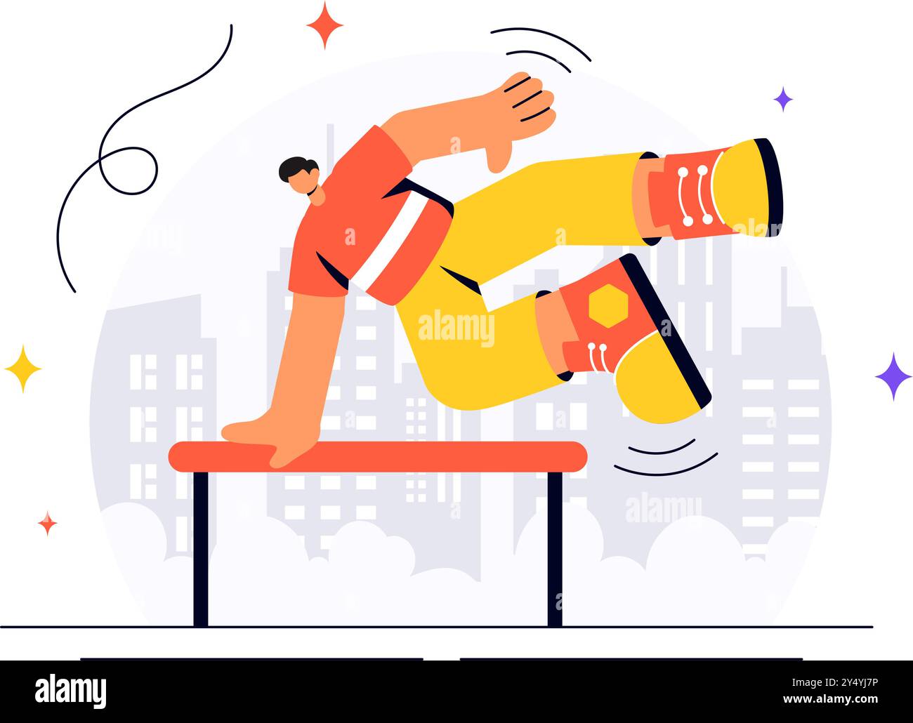 Parkour Sports Vector Illustration mit jungen Männern, die über Wände und Barrieren in einer städtischen Stadtlandschaft mit Gebäuden und Straße im Hintergrund springen Stock Vektor