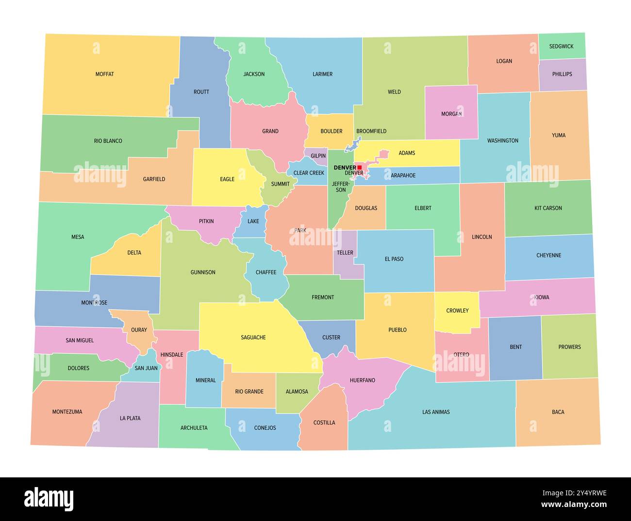 Colorado, US-Bundesstaat, unterteilt in 64 Countys, mehrfarbige politische Karte mit Hauptstadt Denver, Grenzen und County-Namen. Stockfoto