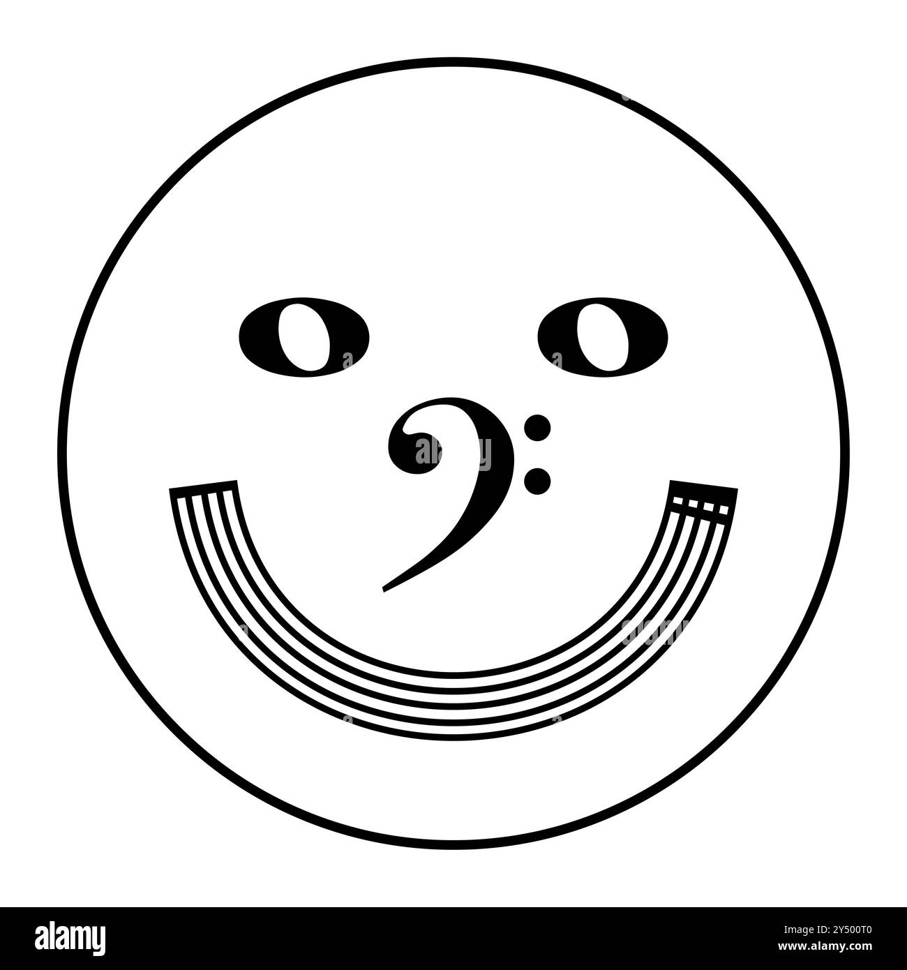 Kreisförmiges, lächelndes Musikgesicht, das von musikalischen Symbolen gebildet wird, mit Musiklinien, die den Mund darstellen, einem Bassschlüssel für die Nase und ganzen Noten für die Augen. Stockfoto