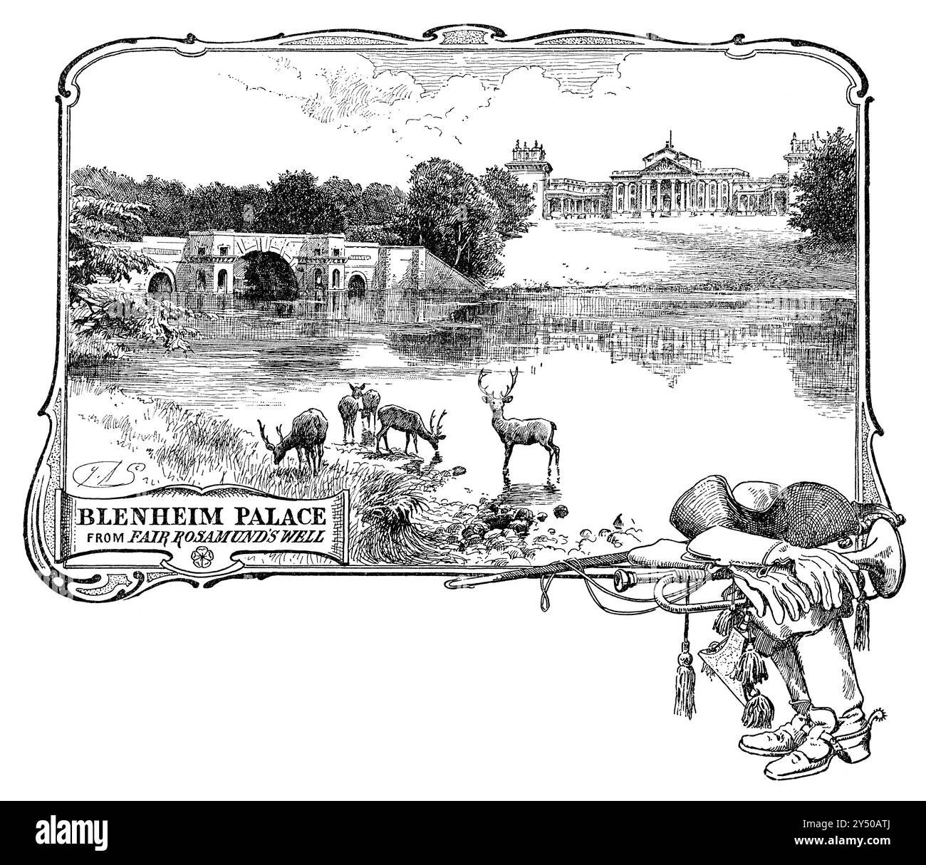 1891 Illustration mit Rahmen der Grand Bridge und der Südfassade des Blenheim Palace in Blenheim Park, Woodstock, Oxfordshire. Stockfoto