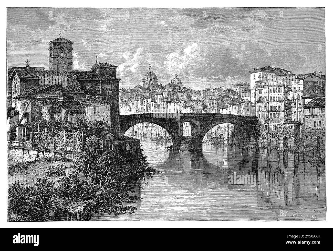 Vintage 1880 Gravur des Pons Fabricius oder Ponte dei Quattro Capi über dem Tiber in Rom, Italien. Aus dem Buch „illustrierte Reisen“. Stockfoto