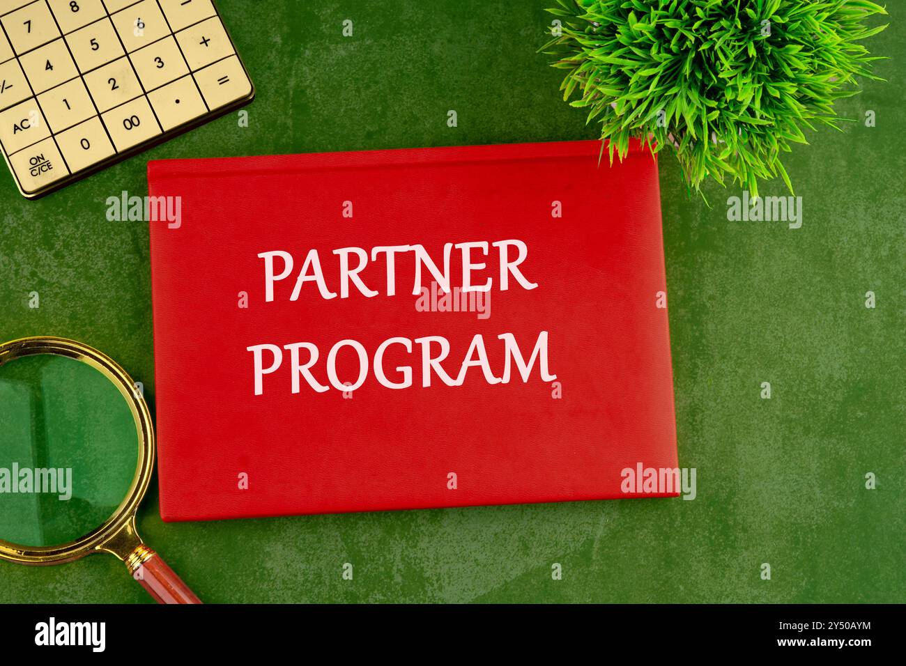 Wirtschaft und Geschäftskonzept. PARTNERPROGRAMM im roten Buch, Geschäft auf grünem Hintergrund Stockfoto