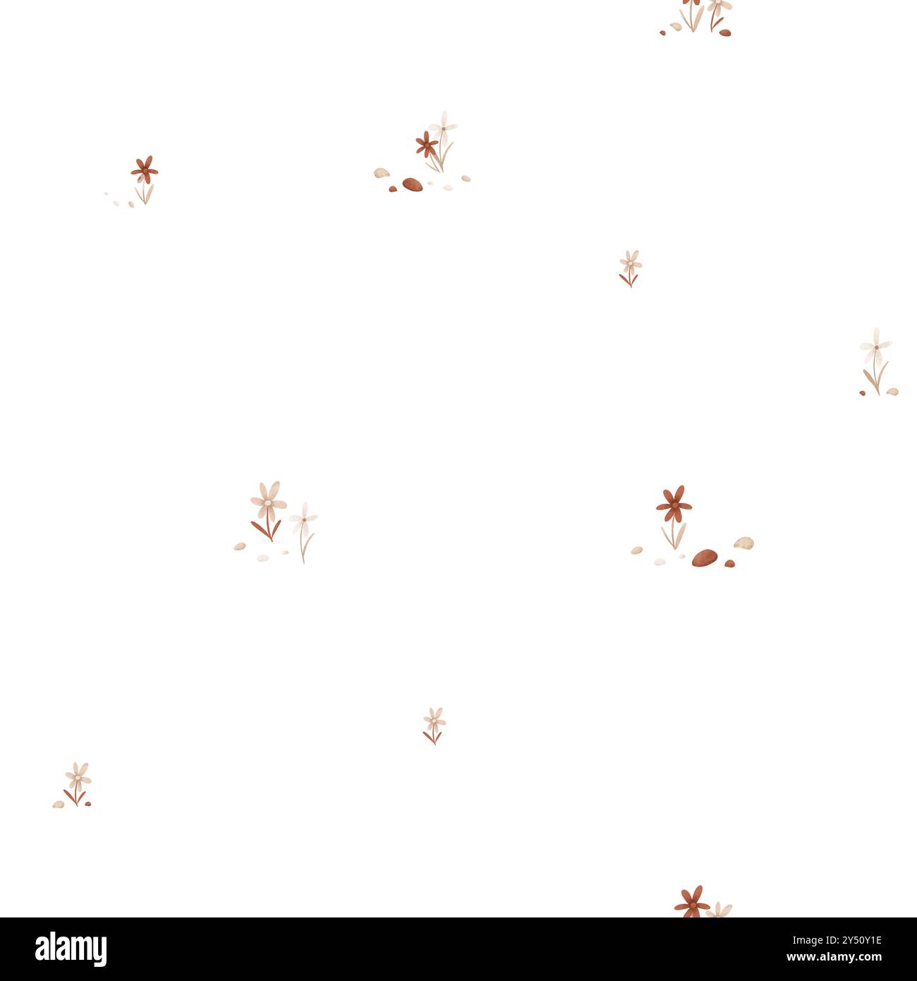Nahtloses Muster mit niedlichen Blumen und Steinen im minimalistischen skandinavischen Stil. Zeichentrickfilm für Kinderdesign. Handgezeichnete Abbildung von Stockfoto
