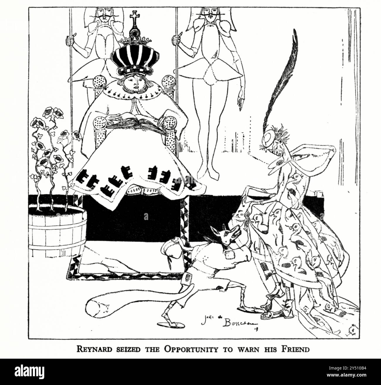 REYNARD NUTZTE DIE GELEGENHEIT, UM SEINEN FREUND vor den armen Peter Folk Märchen aus Flandern zu WARNEN, illustriert von Jean de Bosschère (* 5. Juli 1878; Châteauroux, 17. Januar 1953) war ein belgischer Schriftsteller und Maler, der 1919 von Dodd, Mead & Company veröffentlicht wurde Stockfoto