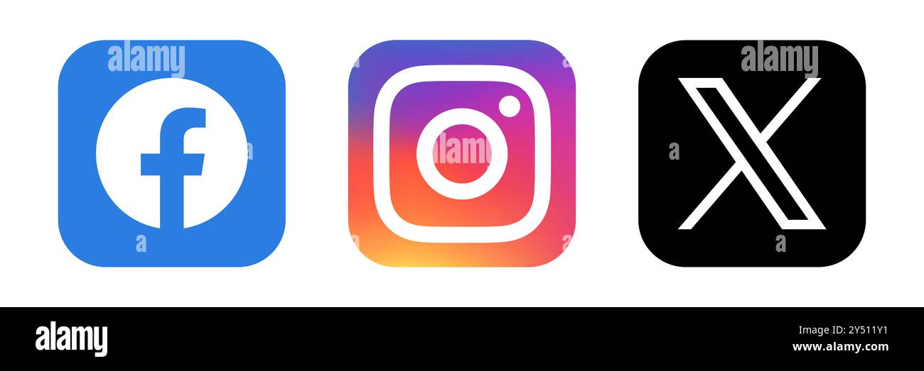 Symbolgruppe der Social-Media-App. Facebook, Instagram und X, ehemaliges Twitter. Quadrat mit abgerundeten Ecken Form Vektor Illustration. Stock Vektor