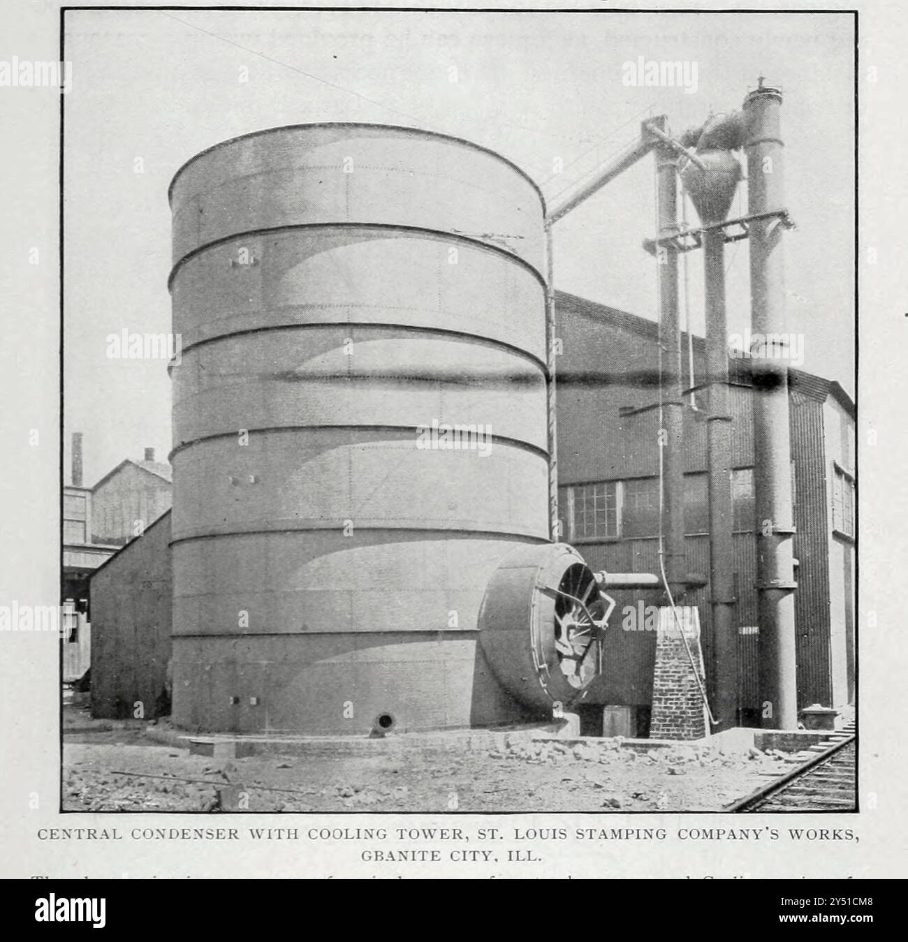 Zentralkondensator mit Kühlturm, Werk der St. Louis Stamping Company. Granit City IL aus dem Artikel DIE ZENTRALISIERUNG DER DAMPFKONDENSATIONSANLAGE. Von Harry G. V. Oldham. Aus dem Engineering Magazine widmet sich Industrial Progress Volume XX 1900 - 1901 The Engineering Magazine Co Stockfoto