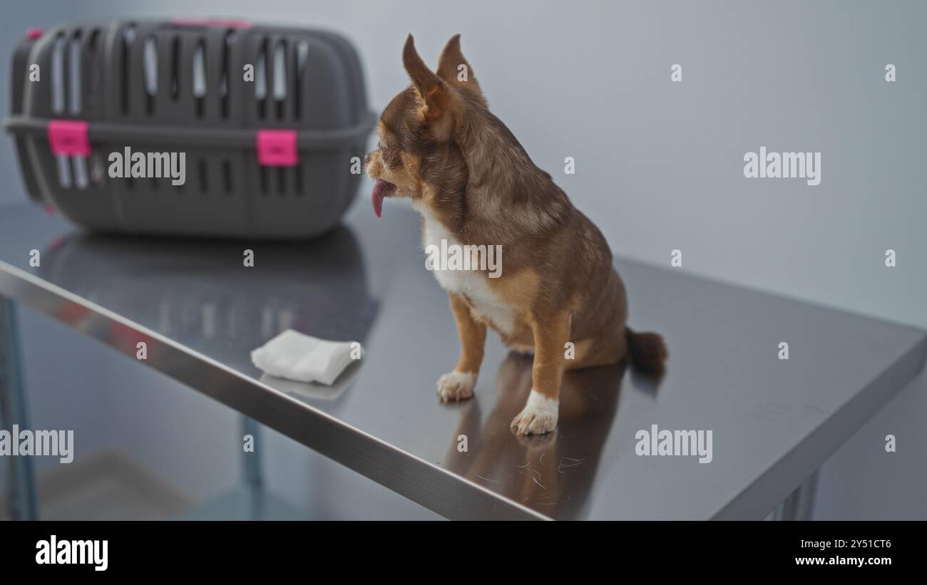 Ein chihuahua mit ausgezogener Zunge sitzt auf einem metallischen Tisch im Büro des Tierarztes, neben einer Tiertrage und einem Mullkissen. Stockfoto Ein chihuahua mit ausgezogener Zunge sitzt auf einem metallischen Tisch im Büro des Tierarztes, neben einer Tiertrage und einem Mullkissen. Stockfoto