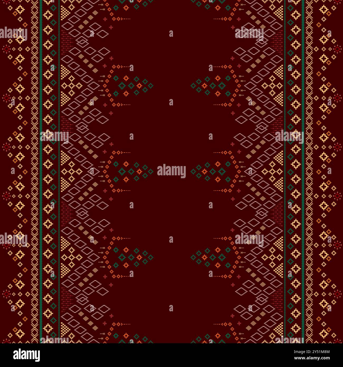 Traditionelle ethnische Textilien nahtlose Pixel-Kunstmuster Folk traditioneller schwarzer Hintergrund. Braunes Idian-Kleidungsmuster mit Kreuzstich in farbenfrohem geomet Stock Vektor