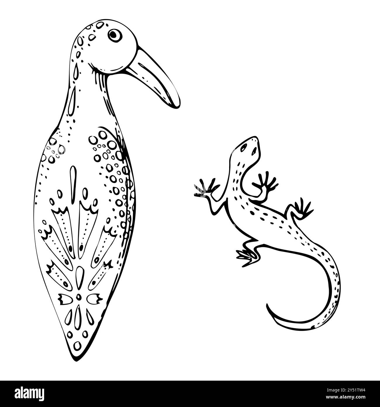 Traditionelle mexikanische Porzellan Holzkeramik Figur, Vogel mit Blumenschmuck, Eidechsengecko. Handgezeichneter Tintenvektor isolierte Illustration Stock Vektor