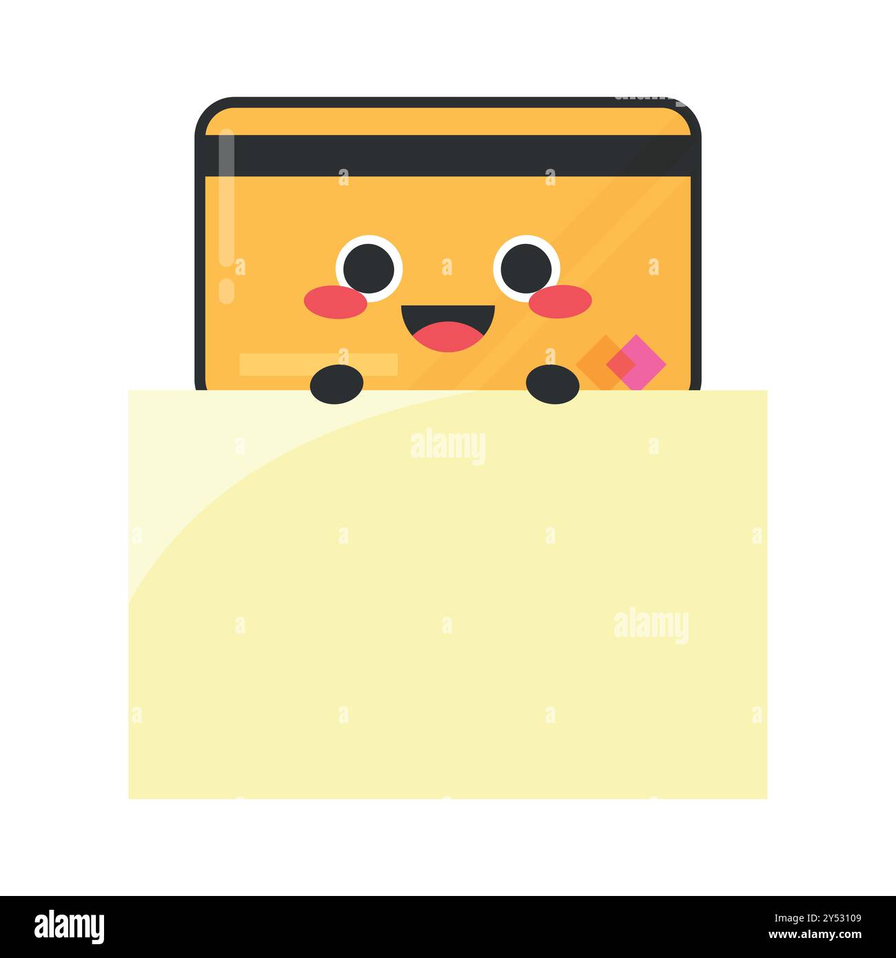 Der niedliche Cartoon-Kreditkartencharakter hält ein leeres Banner. Die Bankkarte hält Papierbogen. Vektorabbildung Stock Vektor