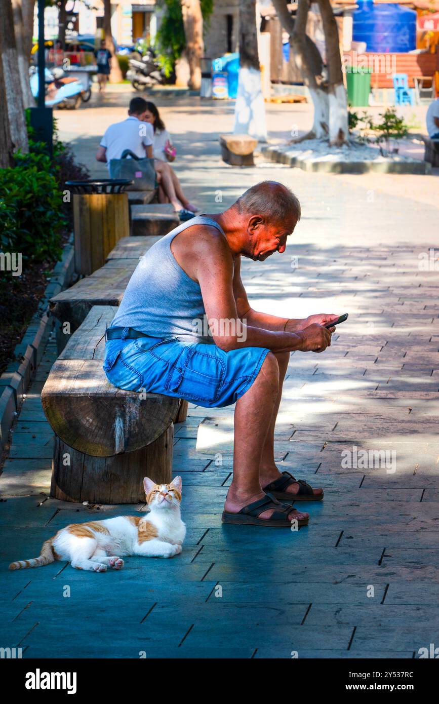 Kas, Antalya, Türkei - 6. August 2024: Ein alter Mann, der bei Sonnenuntergang auf einer Bank sitzt, schaut auf sein Smartphone und eine Katze liegt auf dem Boden neben h Stockfoto