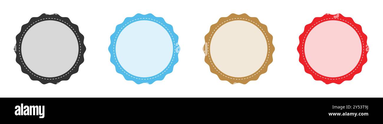 Einfaches Symbol für den kreisförmigen Rahmen in einer anderen Farbe. Sammlung leerer kreisförmiger Stempelzeichen. Leere Etiketten oder kreisförmiger Stempelsatz mit vier Stück. Vektor. Stock Vektor