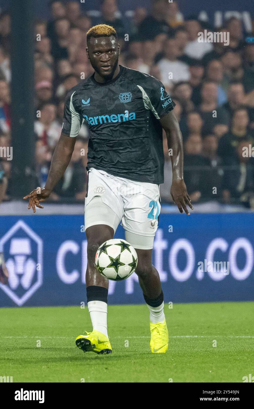 19.09.2024, Fussball: UEFA Champions League, Saison 2024/2025, Spieltag 1, Feyenoord Rotterdam - Bayer 04 Leverkusen im Stadio de Kuip in Rotterdam. Victor Boniface (Bayer 04 Leverkusen, #22) am Ball. Foto: Kirchner-Media/TH Stockfoto