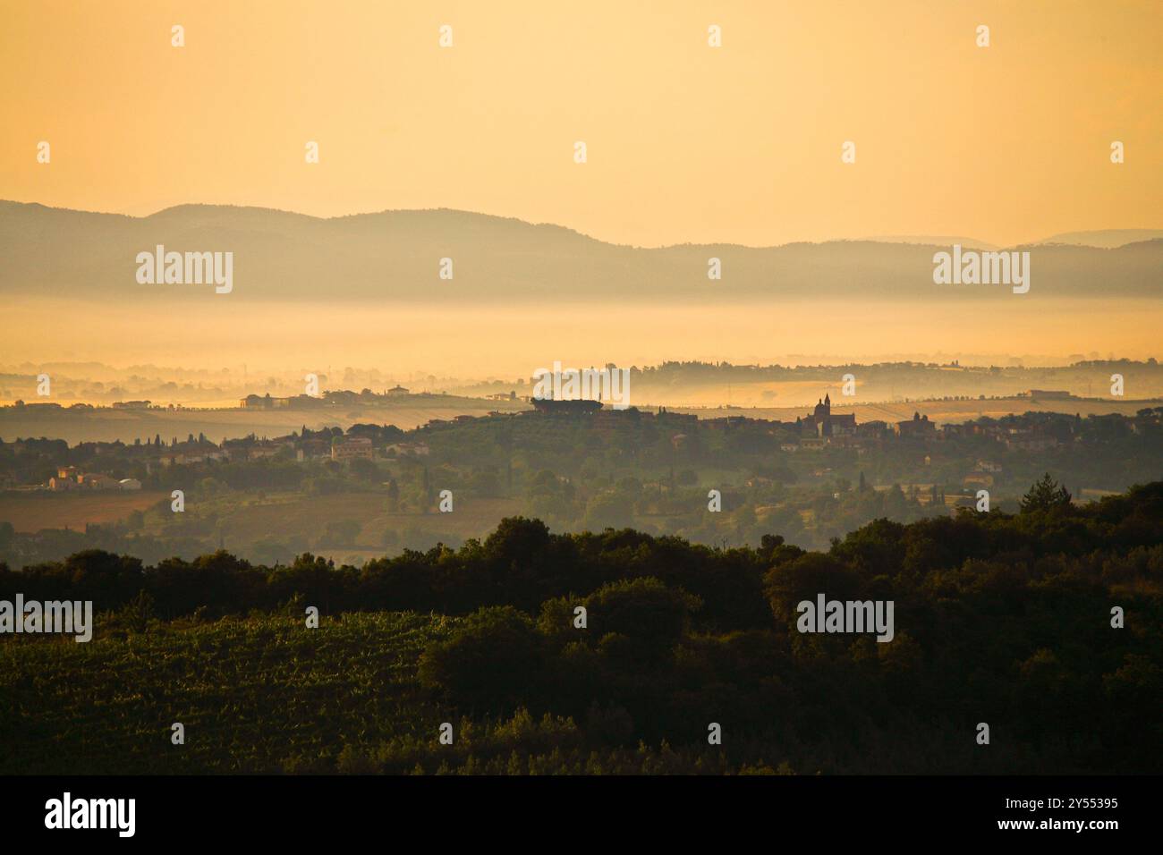 Landschaft der Chianti-Region, die während des Sonnenaufgangs in Wolken gehüllt ist Stockfoto