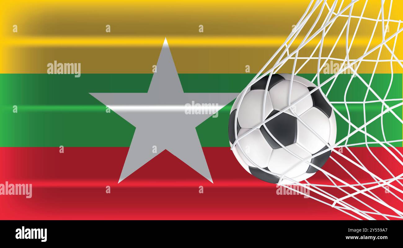 Fußball oder Fußball in Goal Net isoliert auf Myanmar Shaded Flag, Sportzubehör für Spiel-, Meisterschafts- und Wettkampfdesign Stock Vektor