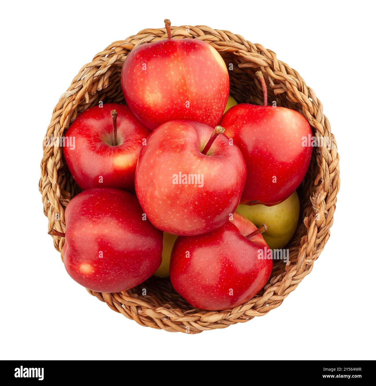 Korbweg der roten Äpfel isoliert auf weißer Draufsicht Stockfoto