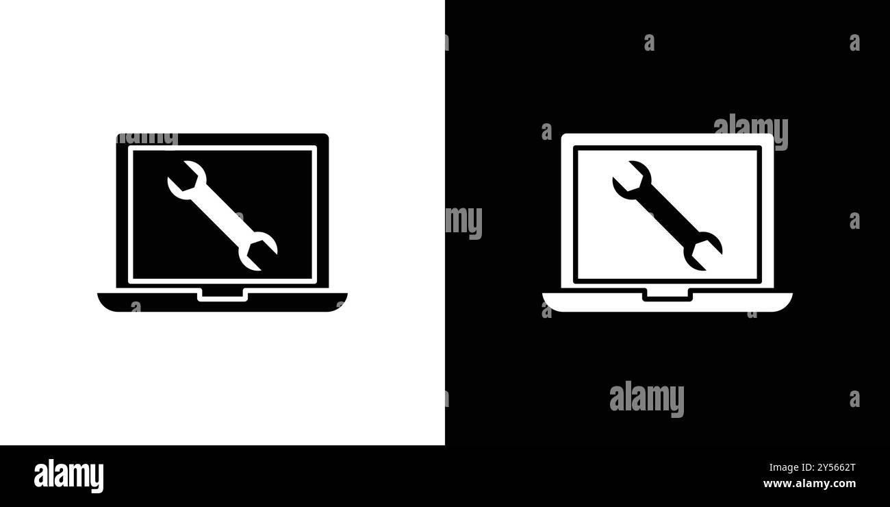 Reparatur des Laptop-Symbols lineare Logomarkensätze in Schwarz-weiß Stock Vektor