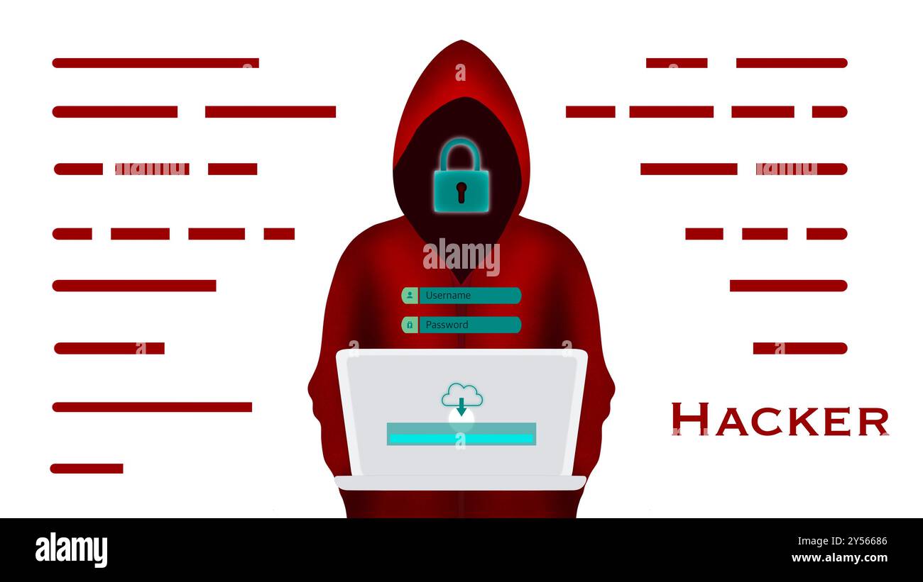 Gesichtsloser Hacker im roten Schatten mit Laptops, Hacker kriminelle Sicherheit Internet, Internet und persönliche Daten Hacker Attack Concept, Website Landing Stockfoto