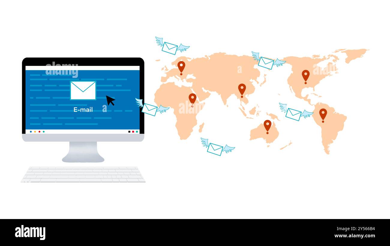Senden einer E-Mail-Nachricht, Flying E-Mail, E-Mail-Marketing, Sending E-Mail Notification World, Global Business Concept of Connections and Information Stockfoto
