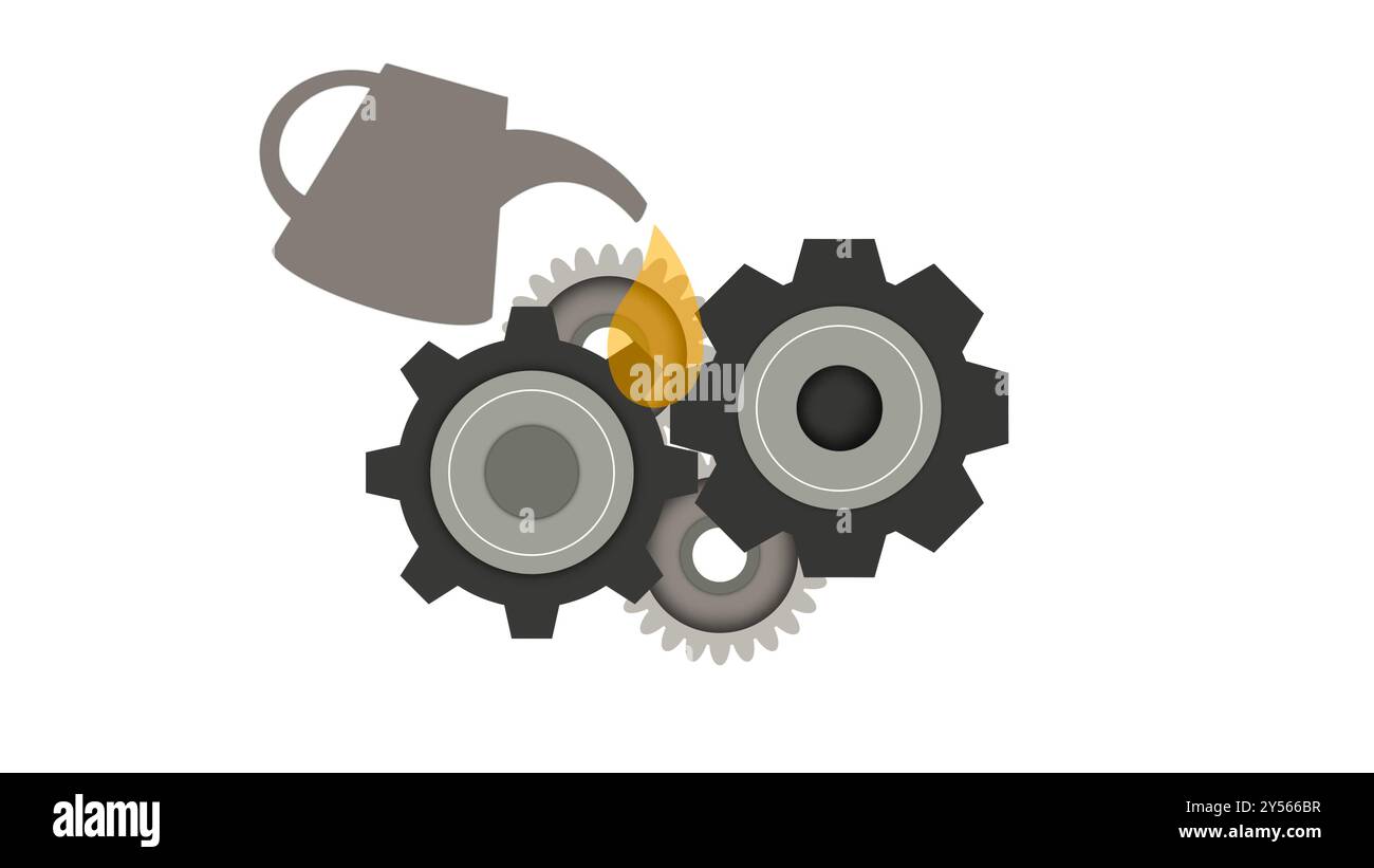 Schmiergetriebe, viskoses Schmiermittel, Makroansicht des vom Rohr auf mechanische Komponente abgegebenen Industriefetts, Metallbearbeitungszahnrad Stockfoto