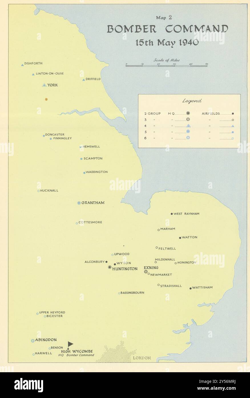 RAF Bomber Command Airfields & HQs, 15. Mai 1940. 2. Weltkrieg 1961 alte Karte Stockfoto