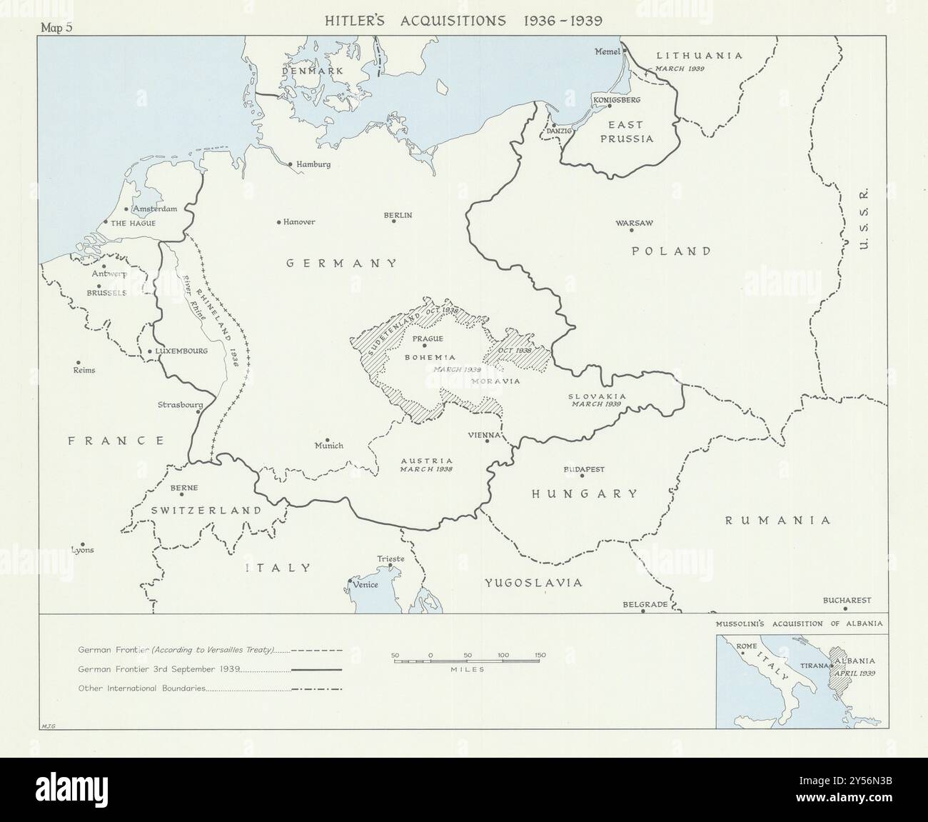 Hitlers Akquisitionen 1936-39. Rheinland Tschechoslowakei Österreich Deutschland 1976 Karte Stockfoto Hitlers Akquisitionen 1936-39. Rheinland Tschechoslowakei Österreich Deutschland 1976 Karte Stockfoto