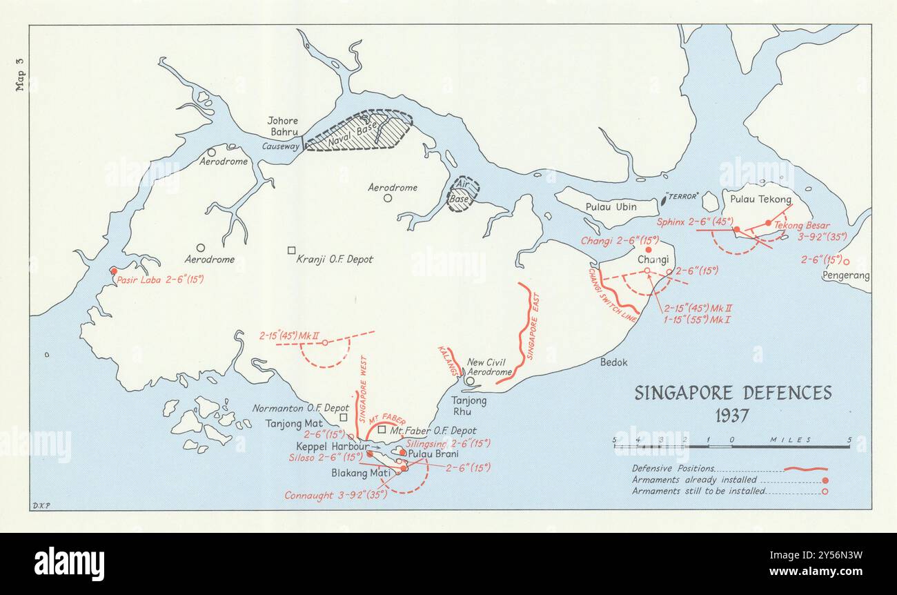 Singapur Verteidigt 1937. Rüstungsdefensivpositionen. Karte des Zweiten Weltkriegs 1976 Stockfoto