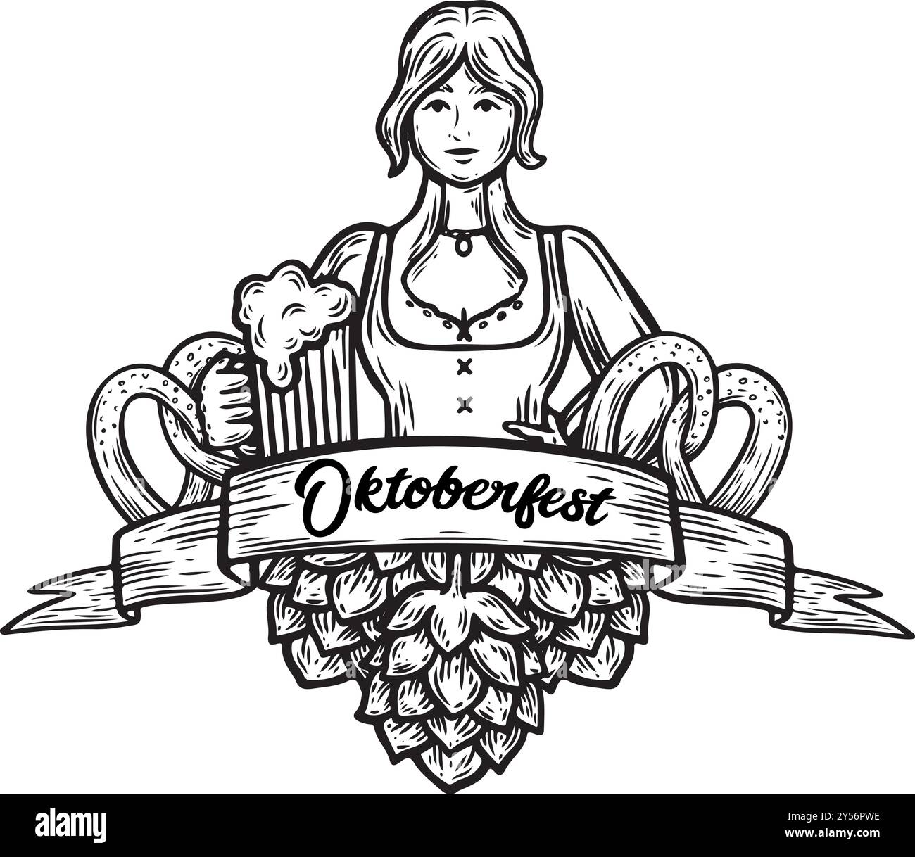 Oktoberfest-Emblem mit Mädchen- und Bier-Gravur Illustration isoliert auf weißem Hintergrund. Stock Vektor