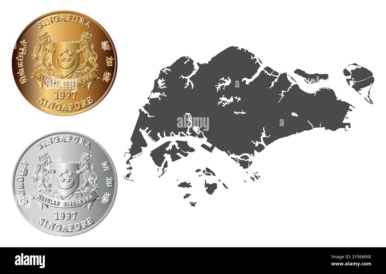Vektor Singapur Money, Vorderseite der goldenen und silbernen Singapur Cent Münze. Übersetzung: "Singapur". Singapur Geld isoliert auf dem Hintergrund einer Ma Stock Vektor