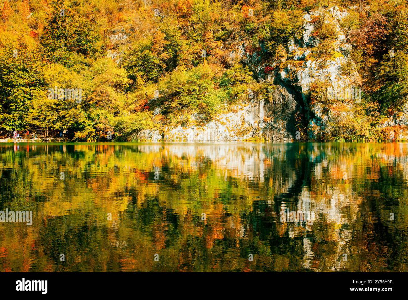 Wunderschöne Herbstlandschaft mit lebendigem Laub, das sich auf einem ruhigen See spiegelt und das Wesen der Herbstfarben und der friedlichen Natur in einem Atemzug einfängt Stockfoto