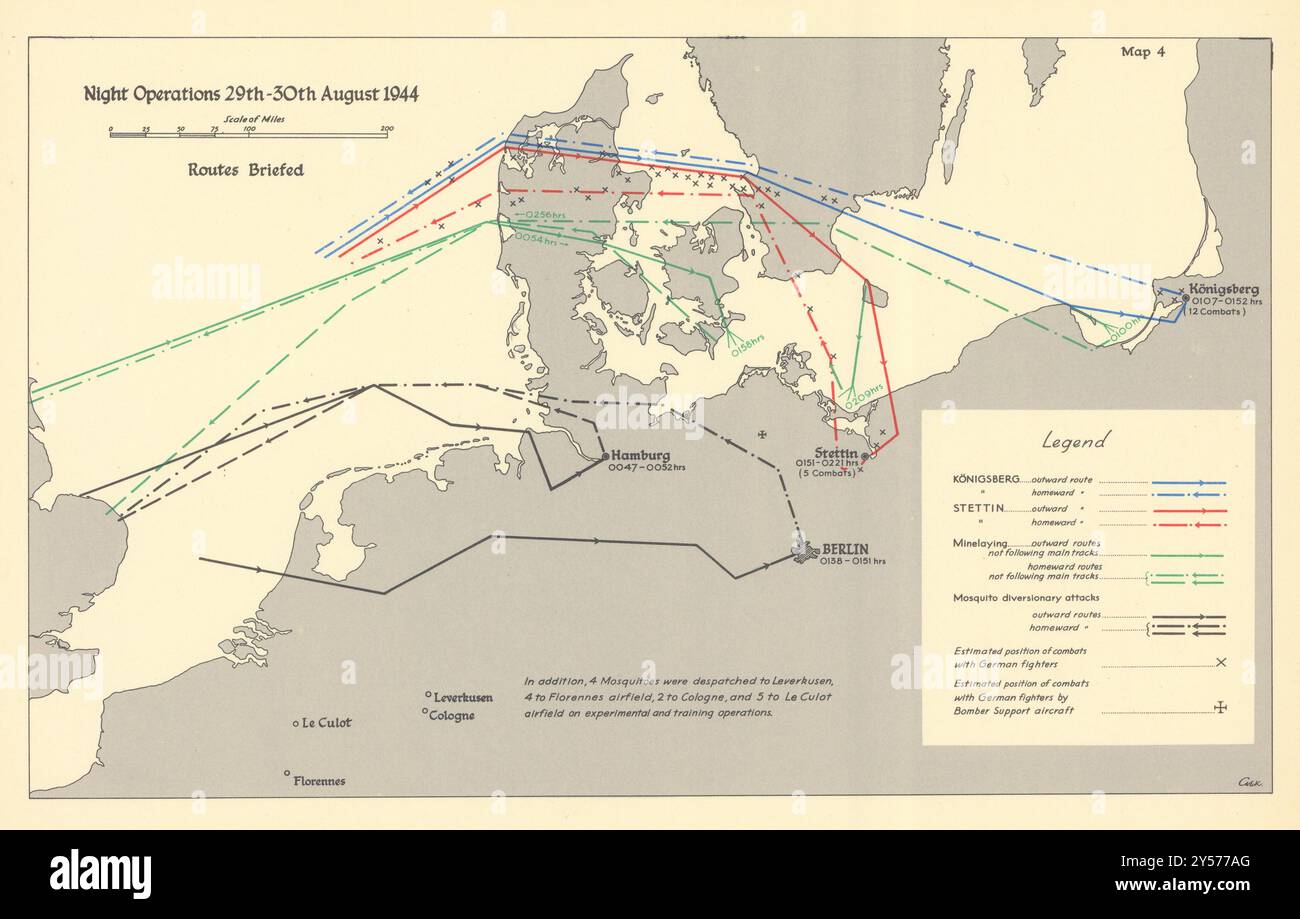 RAF Bomber Night Operations 29-30. August 1944. Routen informiert. WW2 1961 Karte Stockfoto