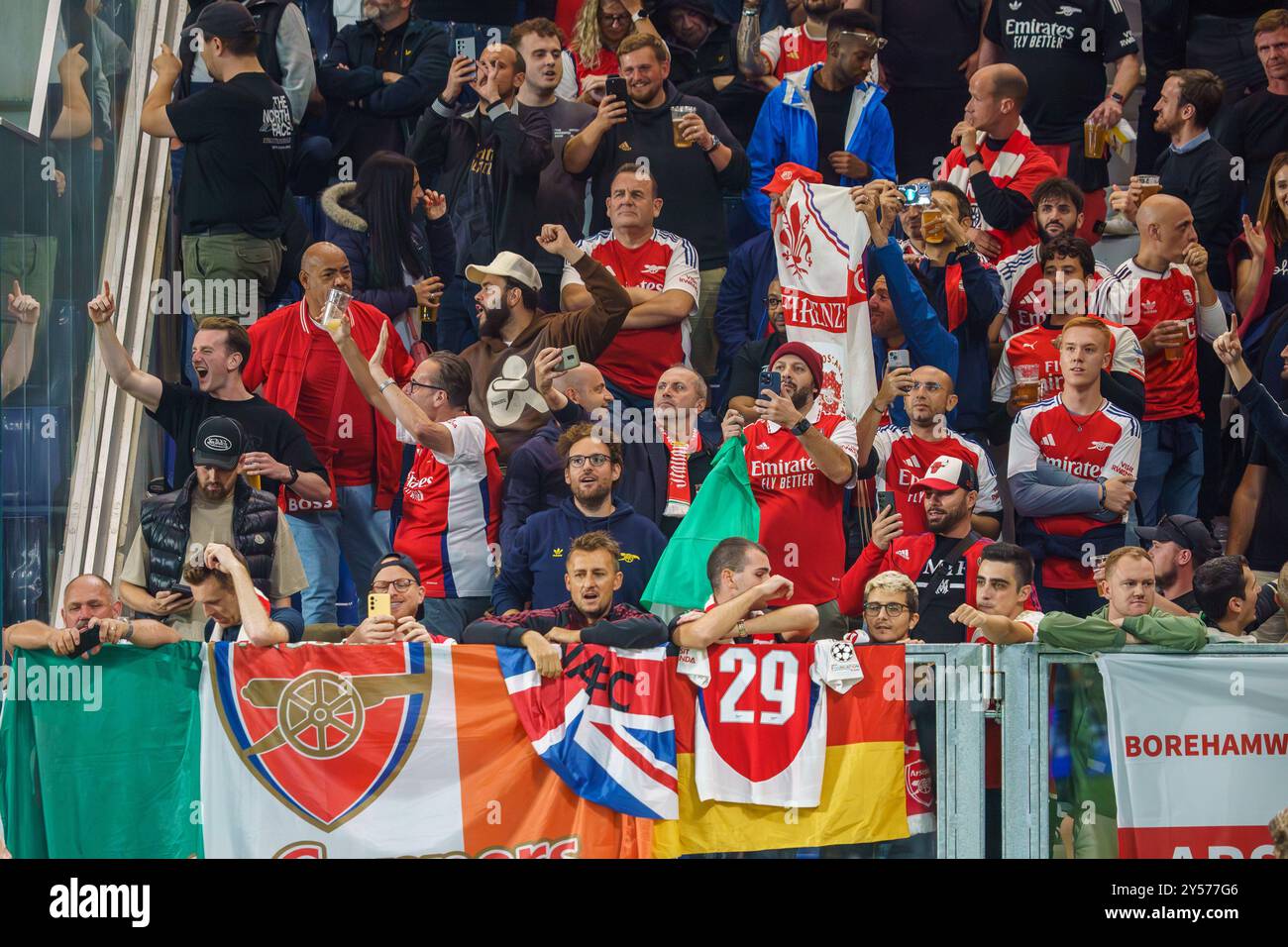 Bergamo, Italien. September 2024. Fans des Arsenal FC, während Atalanta BC gegen Arsenal FC, UEFA Champions League - Gewiss Stadium. Quelle: Alessio Morgese/Alessio Morgese/Emage/Alamy Live News Stockfoto