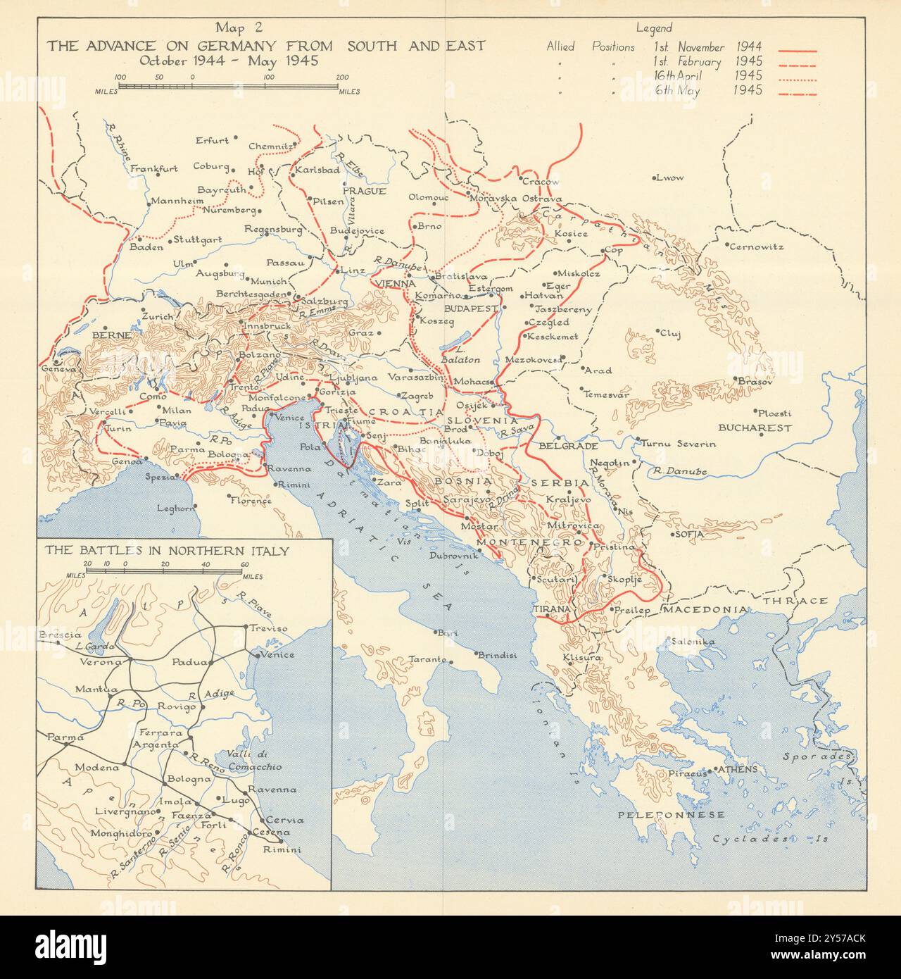 Invasion Deutschlands von Süd- und Ost-Okt. 1944 bis Mai 1945. Karte des Zweiten Weltkriegs 1956 Stockfoto