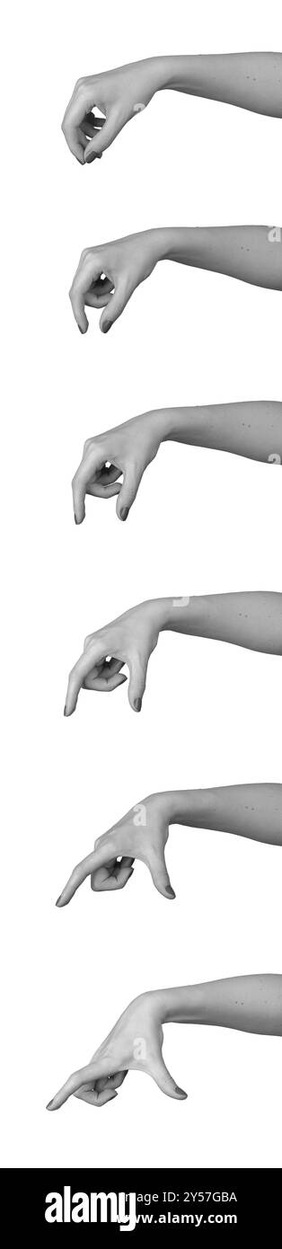 Satz verschiedener Hand- und Armgesten. Weibliche Hände halten, drücken, greifen und zeigen verschiedene Zeichen. Isolierte Sammlung von Fingerpositionen auf wh Stockfoto