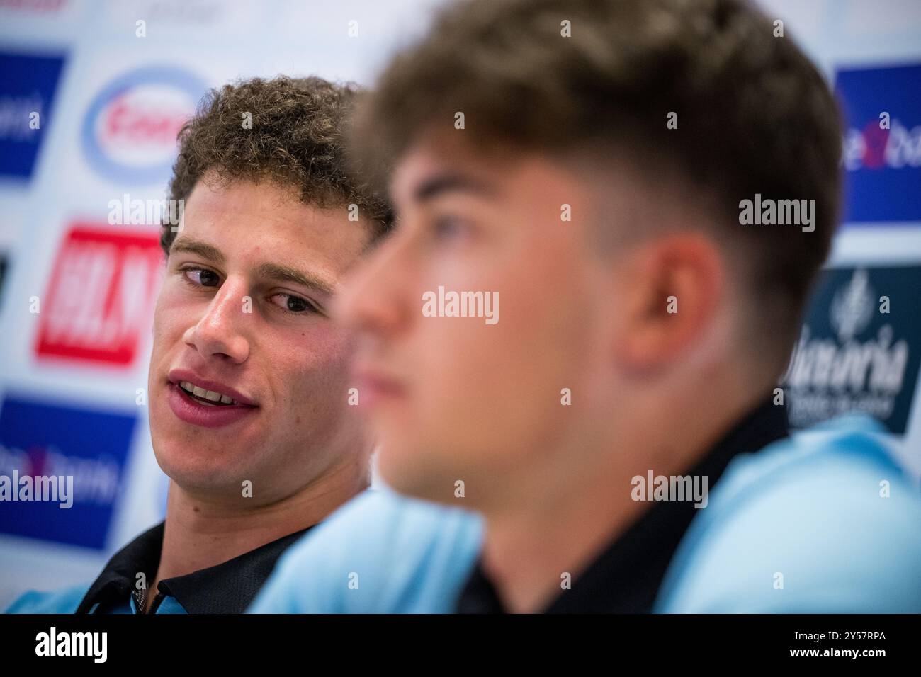 Wetzikon, Schweiz. September 2024. Der belgische Alec Segaert von Lotto Dstny spricht mit der Presse während einer Pressekonferenz des belgischen Teams vor dem Zeitfahren am Sonntag bei der UCI Road and Para-Cycling Road World Championships 2024 am Freitag, den 20. September 2024, in Wetzikon, Schweiz. Die Welten finden vom 21. Bis 29. September in Zürich statt. BELGA FOTO JASPER JACOBS Credit: Belga News Agency/Alamy Live News Stockfoto