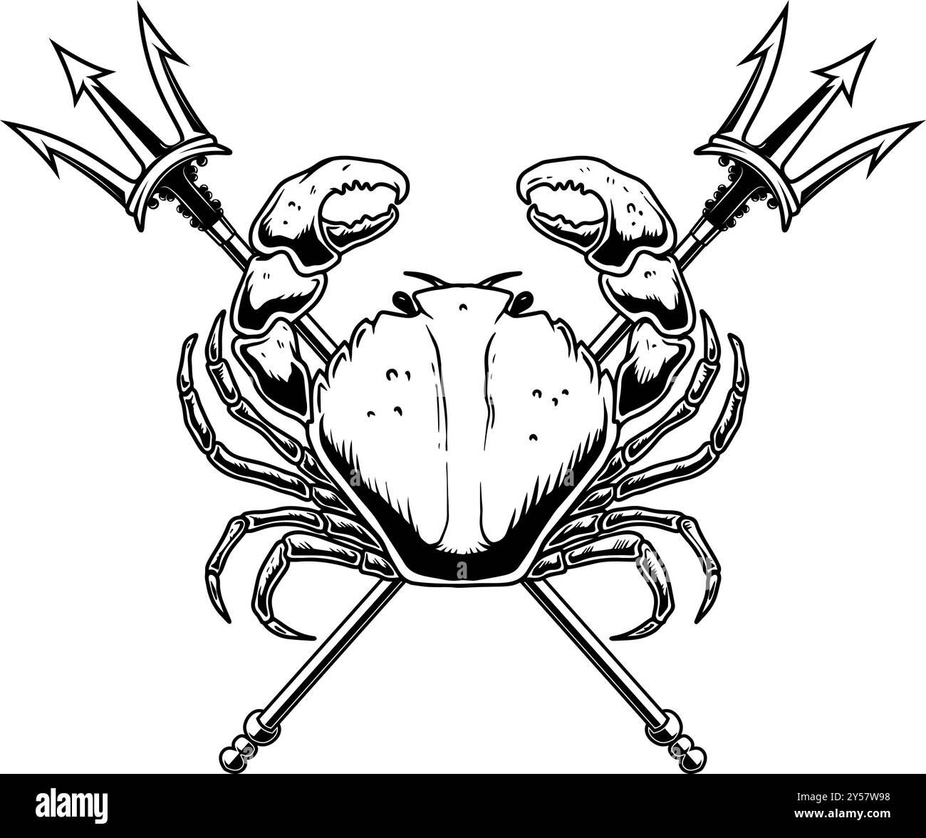 Krabbe und zwei überkreuzte Dreizackel. Designelement für Emblem, Schild, Abzeichen, Poster. Vektorabbildung Stock Vektor