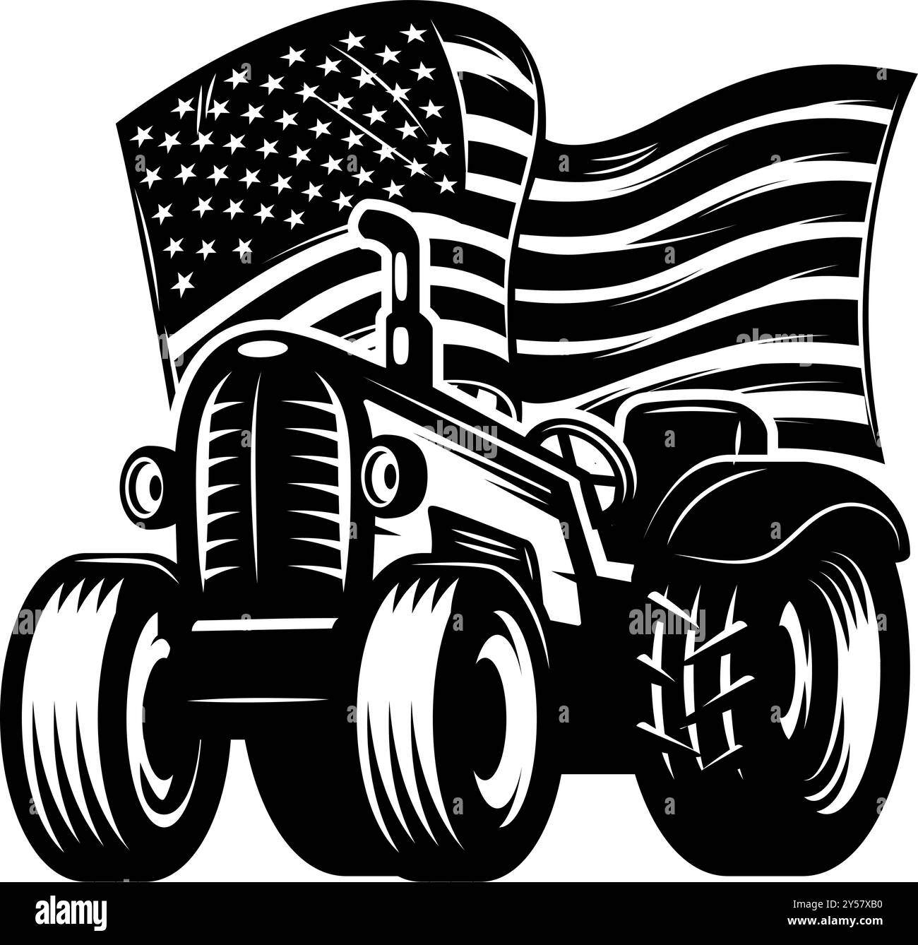 Traktor auf amerikanischem Flaggenhintergrund. Designelement für Emblem, Schild, Abzeichen, Poster. Vektorabbildung Stock Vektor