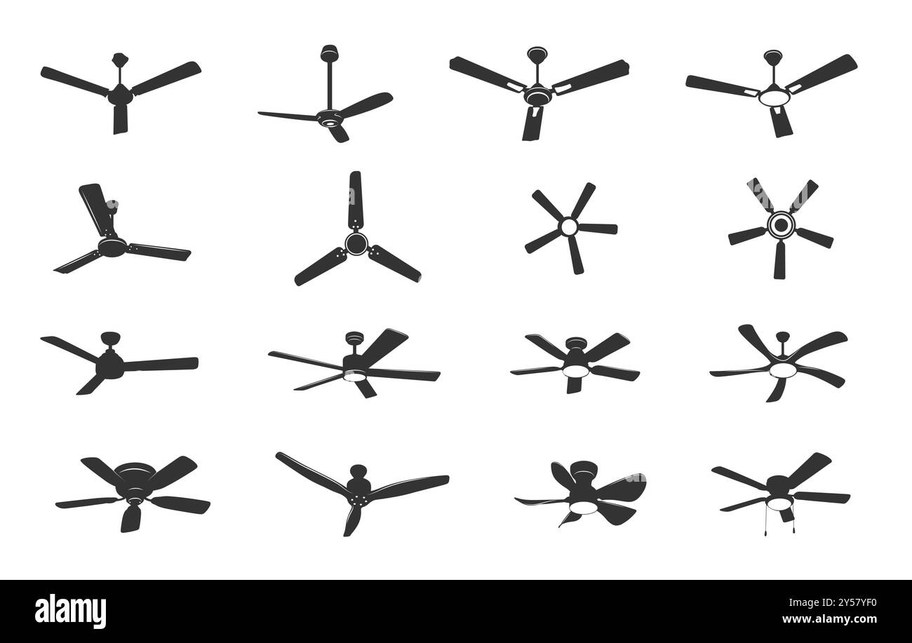 Deckenventilator Silhouette, Deckenventilator, elektrische Ventilatorvektoren, Ventilatorvektoren, Deckenventilatorvektorillustration, Deckenventilatorbündel Stock Vektor