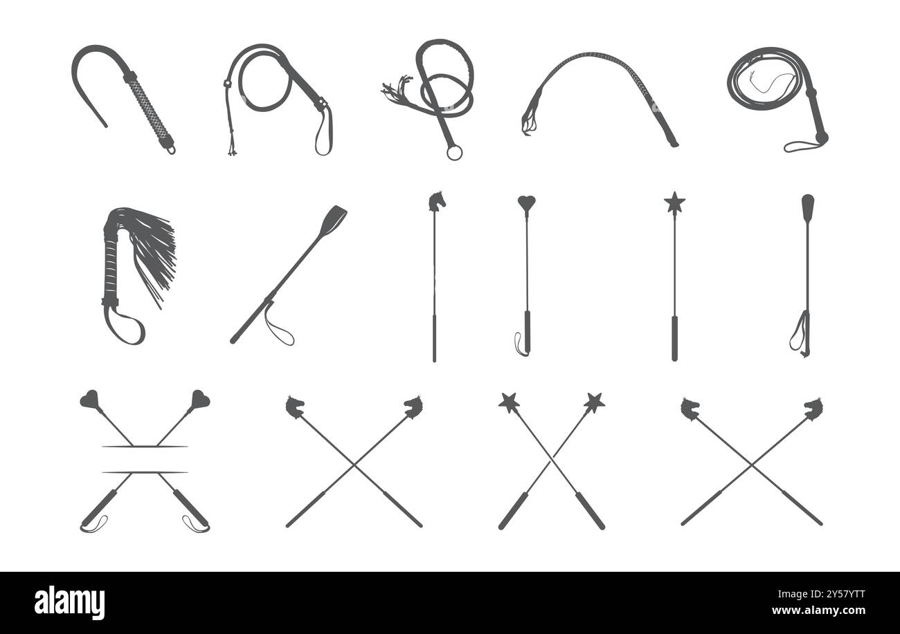 Pferd Reiten Getreide Silhouette, Peitsche Silhouette, Reiten Getreide Silhouette, Reiten Getreide Vektor, Reiten Reitsport Vektor-Set. Stock Vektor