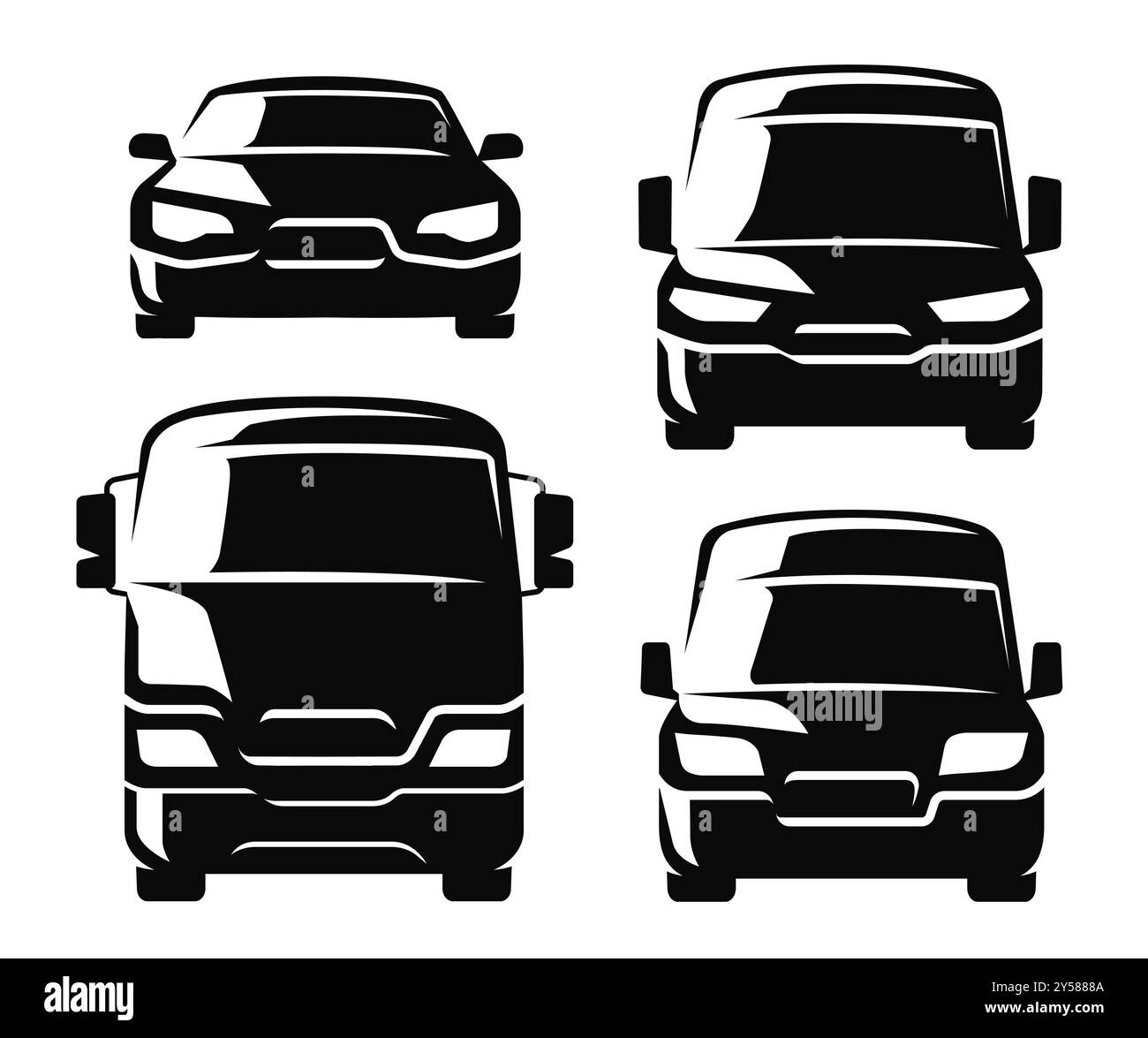 Symbolsatz für die Vorderansicht von Autos. Fahrzeugsymbol. Vektorgrafik für den Fahrzeugtransport in Schwarz-weiß-Form Stock Vektor