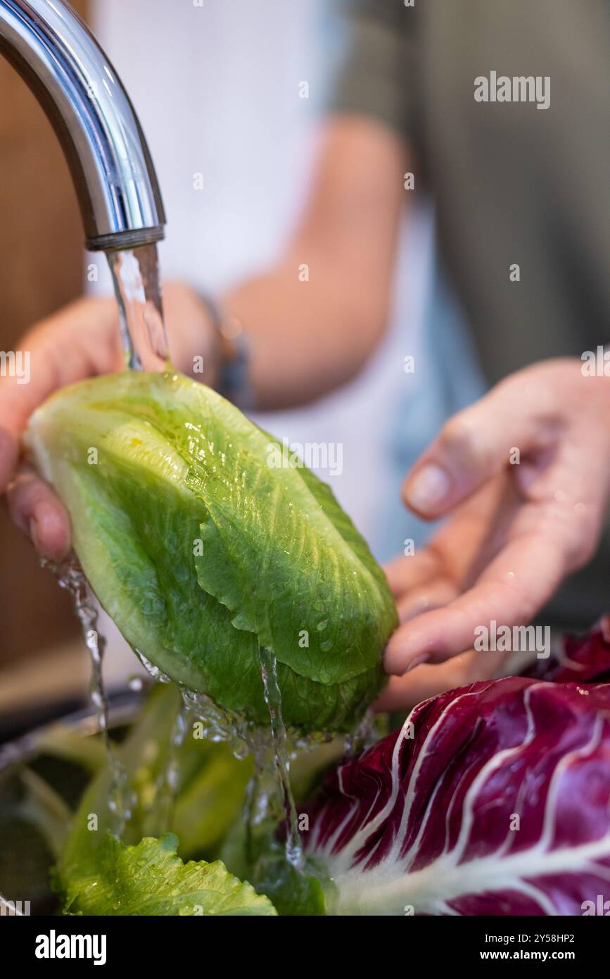 Zu Hause, frischer Salat unter fließendem Wasser zu waschen, Seniorin bereitet Gemüse in der Küche vor Stockfoto