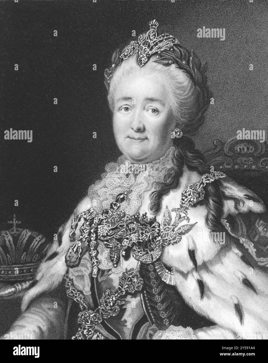 Katharina II. Von Rußland (1729-1796) auf Kupferstich aus den 1850er Jahren Kaiserin von Russland von 1762 bis 1796, auch bekannt als Katharina die große. Graviert von R.. Stockfoto