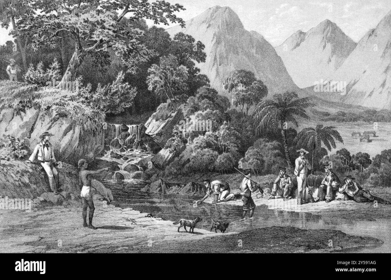 Expedition eines amerikanischen Geschwaders während eines Aufenthalts in Kanaka Village, Bonin Islands, Japan, auf Gravur von 1856. Gravur von Duval nach einer Zeichnung von Heine Stockfoto