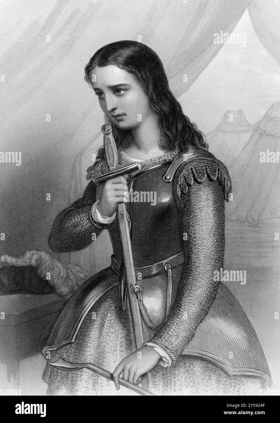 Joan of Arc (1412-1431) über den Stich von 1858. Volksheldin Frankreichs und römisch-katholischer heiliger. Gravur von W.H.Mote und veröffentlicht in Stockfoto